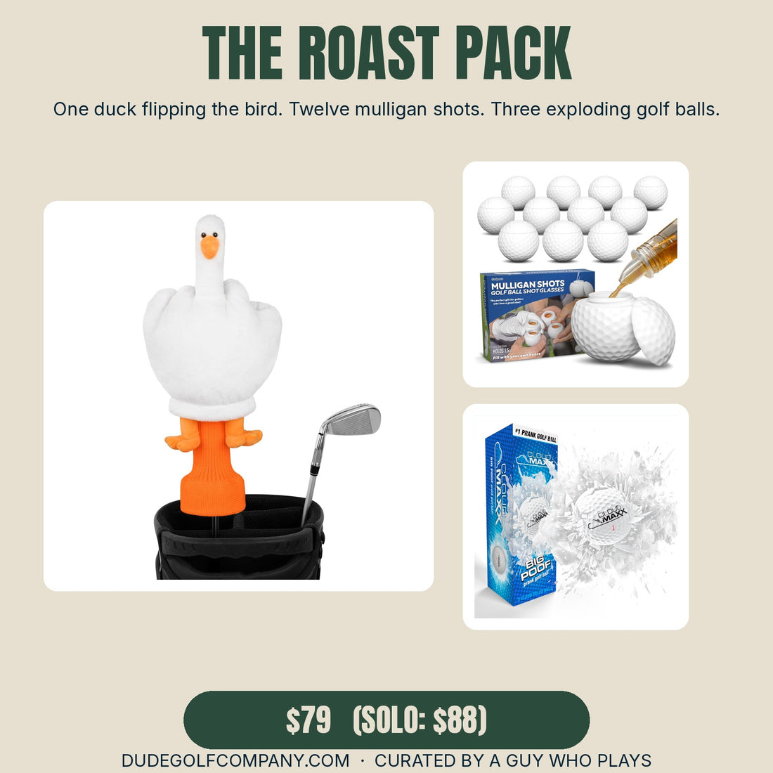 The Roast Pack — Dude Golf gift bundle (real product photos)