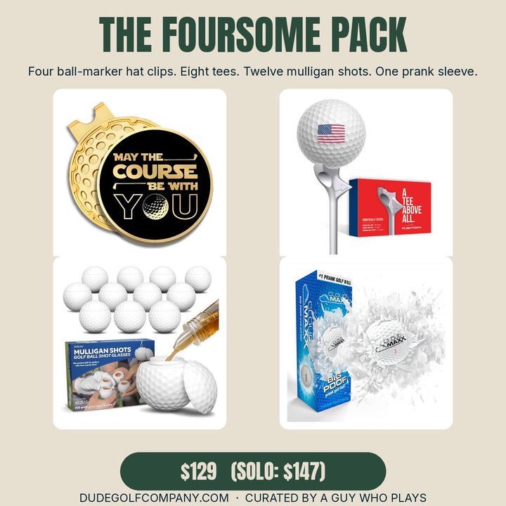 The Foursome Pack — Dude Golf gift bundle (real product photos)
